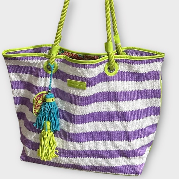 Vera Bradley Handbags - Vera Bradley Striped Tote Bag Purple White Skull Tassel Beach Summer Pool‎
